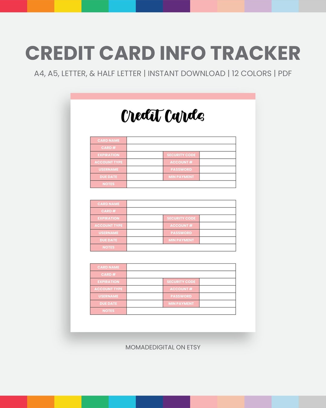 Printable Credit Card Information Tracker PDF | Instant Download ...