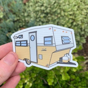 Vintage Travel Trailer Sticker - 1970's Yellow Shasta 1400 - Glamper - Dishwasher Safe - Durable Decal - Camping Decor - Retro Artwork