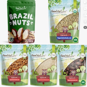 Puede incluir: Cinco bolsas de nueces y semillas, etiquetadas como "Food to Live", con un logotipo de búho de dibujos animados. Las bolsas contienen nueces de Brasil, nueces, quinoa, semillas de cáñamo y dátiles. Las bolsas son todas verdes y blancas con una etiqueta USDA Organic y Non-GMO.