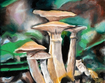 May include: A painting depicting three mushrooms with brown caps and white stems. The mushrooms are growing in a dark green woodland setting.