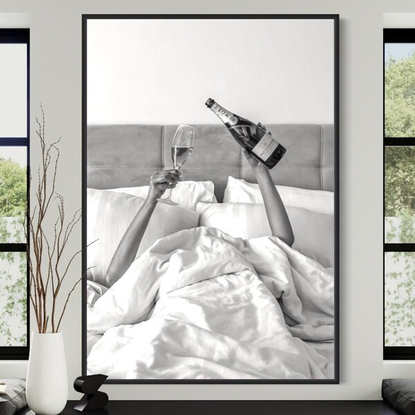 Black And White | Bar Cart Art | Printable Feminist Poster | Line Wall Art | Woman Drinking Wine In Bed Print | Girls Bedroom Decor