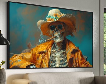 May include: A skeleton wearing a yellow leather jacket and a wide-brimmed straw hat with flowers. The skeleton is smoking a cigar and has sunglasses on.