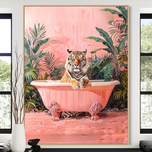 pink tiger wall art preppy aesthetic trendy, tiger poster bathroom wall art, tiger wall art pink preppy aesthetic print orange dorm colorful