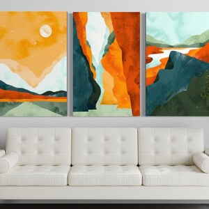 3 Piece Canvas Print Wall Art Sun and Mountain Illustration Print Set Mid Century Modern Artwork Boho Decoration for Living Room