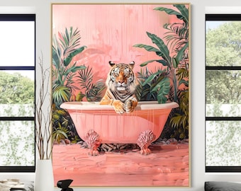 pink tiger wall art preppy aesthetic trendy, tiger poster bathroom wall art, tiger wall art pink preppy aesthetic print orange dorm colorful