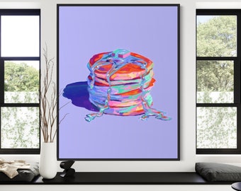 May include: A stack of colorful pancakes with a blue and green glaze dripping down the sides. The pancakes are on a purple background.