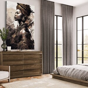 May include: A digital painting of a woman with dark skin wearing a gold crown and jewelry. The background is a mix of brown and white abstract shapes.