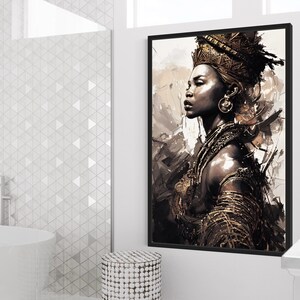 May include: A painting of a woman with dark skin wearing a gold headdress and jewelry. The background is a mix of brown and white abstract shapes.