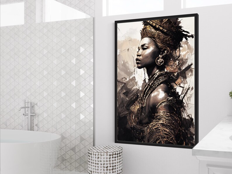 May include: A painting of a woman with dark skin wearing a gold headdress and jewelry. The background is a mix of brown and white abstract shapes.