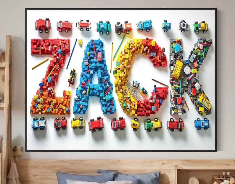 Pu&ograve; includere: Un'opera d'arte di nome colorata realizzata con blocchi di costruzione giocattolo che compongono il nome "ZACK". Le lettere sono circondate da piccole macchinine giocattolo di vari colori.