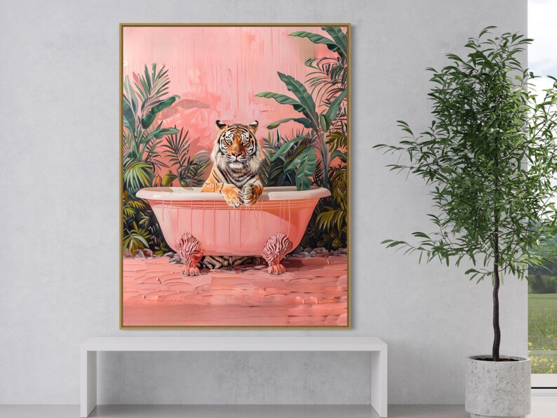 May include: A tiger sits in a pink bathtub surrounded by lush green tropical plants. The bathtub is overflowing with water and the tiger is looking directly at the viewer.