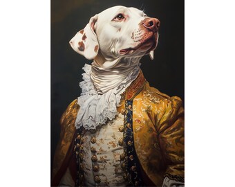 May include: A regal portrait of a Dalmatian dog dressed in 18th-century attire. The dog has white fur with brown spots, and is wearing a yellow and gold jacket with a white ruffled collar. The background is a dark, muted color.