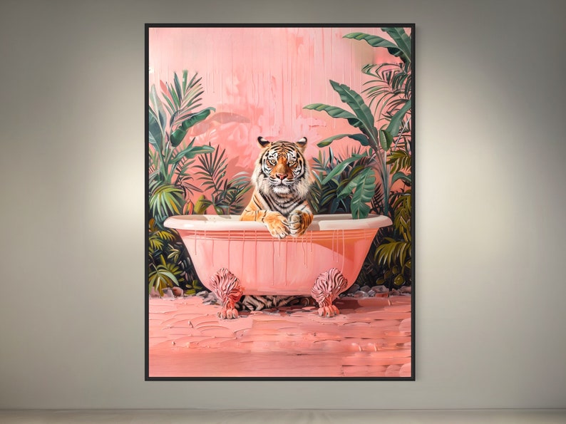 May include: A tiger sits in a pink bathtub surrounded by lush green tropical plants. The bathtub is dripping with water and the tiger is looking directly at the viewer.
