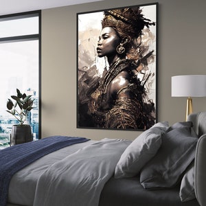 May include: A painting of a woman with a gold crown and jewelry, wearing a brown and gold outfit. The background is a light brown with white brushstrokes.