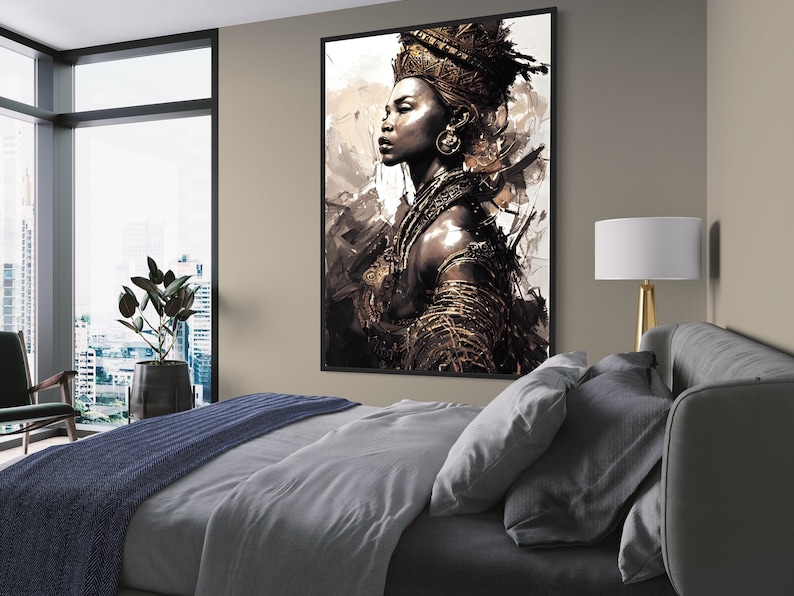 May include: A painting of a woman with a gold crown and jewelry, wearing a brown and gold outfit. The background is a light brown with white brushstrokes.