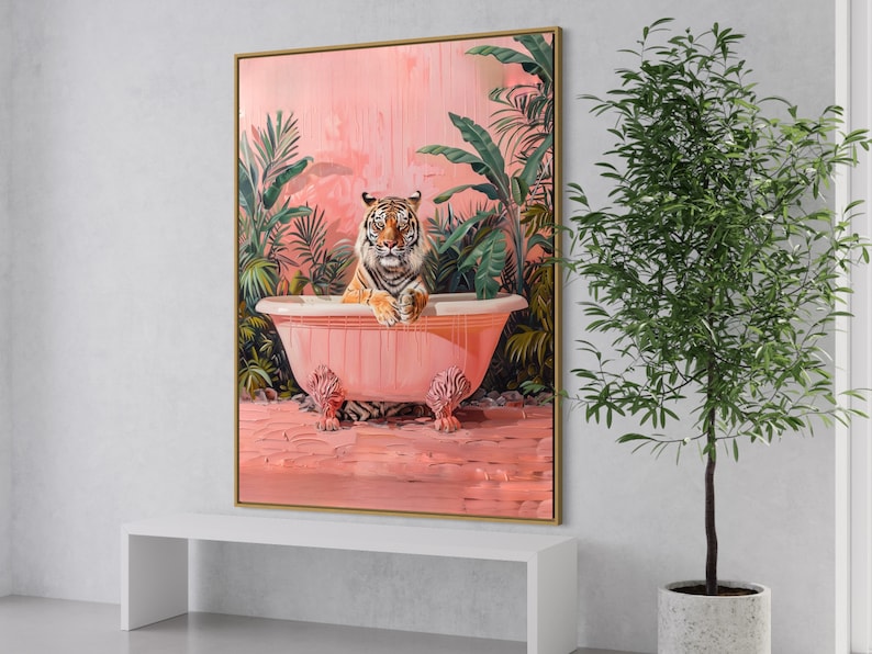 May include: A tiger sits in a pink bathtub with a tropical plant background. The tiger is looking directly at the viewer. The bathtub has ornate feet.