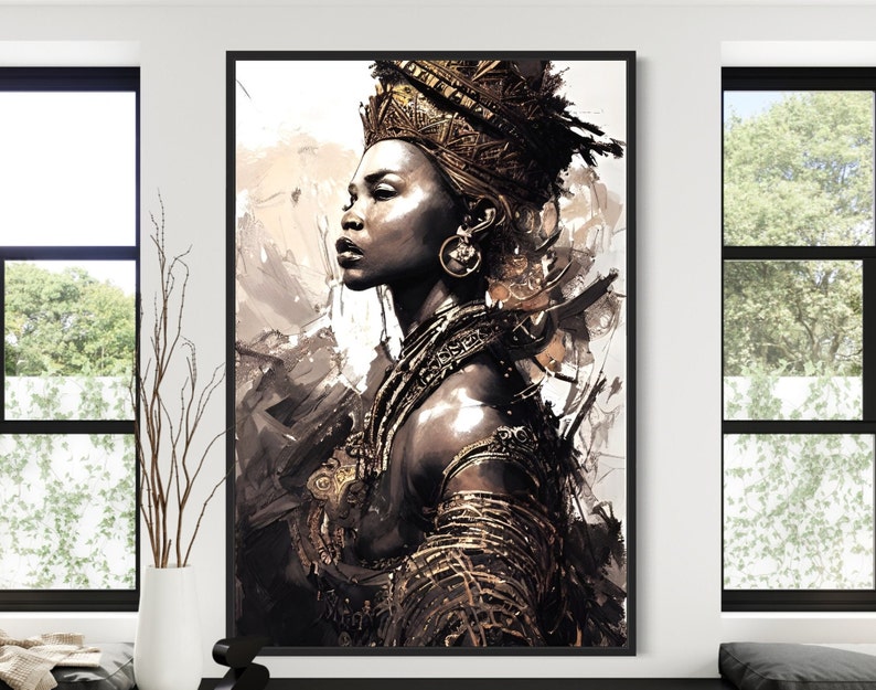 May include: A digital painting of a woman with dark skin wearing a gold crown and jewelry. The background is a muted brown and white.