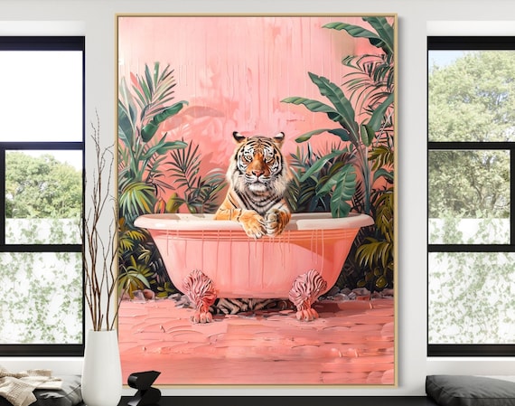 pink tiger wall art preppy aesthetic trendy, tiger poster bathroom wall art, tiger wall art pink preppy aesthetic print orange dorm colorful