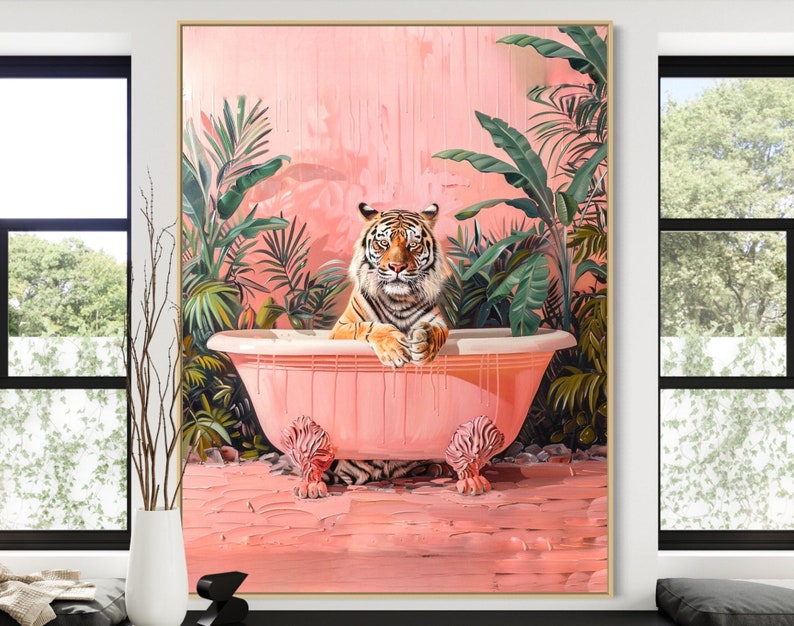 May include: A tiger sits in a pink bathtub surrounded by lush green tropical plants. The bathtub is overflowing with pink water. The tiger is looking at the viewer with a curious expression.