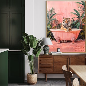 May include: A painting of a tiger relaxing in a pink bathtub surrounded by lush green tropical plants. The background is a soft pink color.