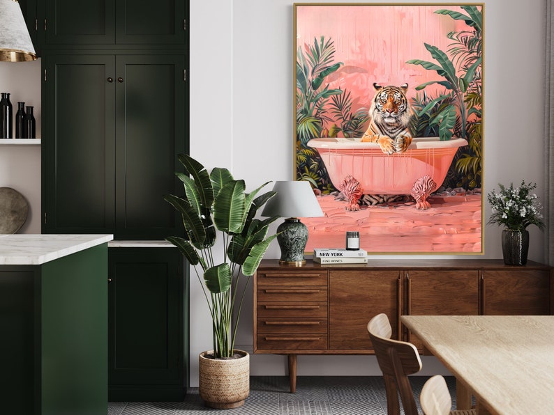 May include: A painting of a tiger relaxing in a pink bathtub surrounded by lush green tropical plants. The background is a soft pink color.