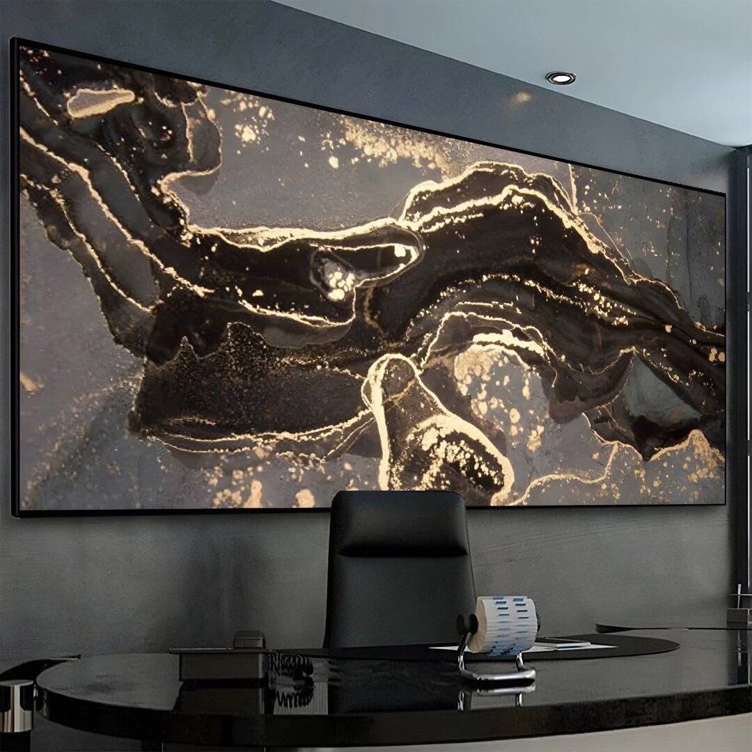 Black Gold Framed Wall Art 3D Abstract Painting Black 3D Textured