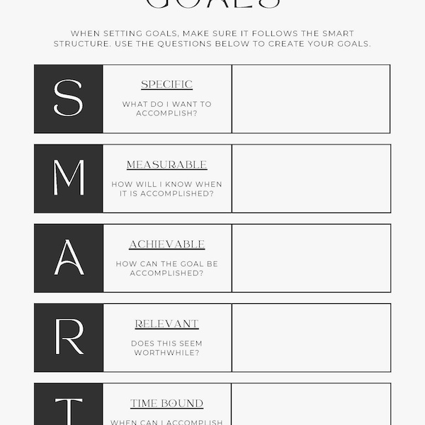 Black and White SMART goals template minimalistic professional career goal setting