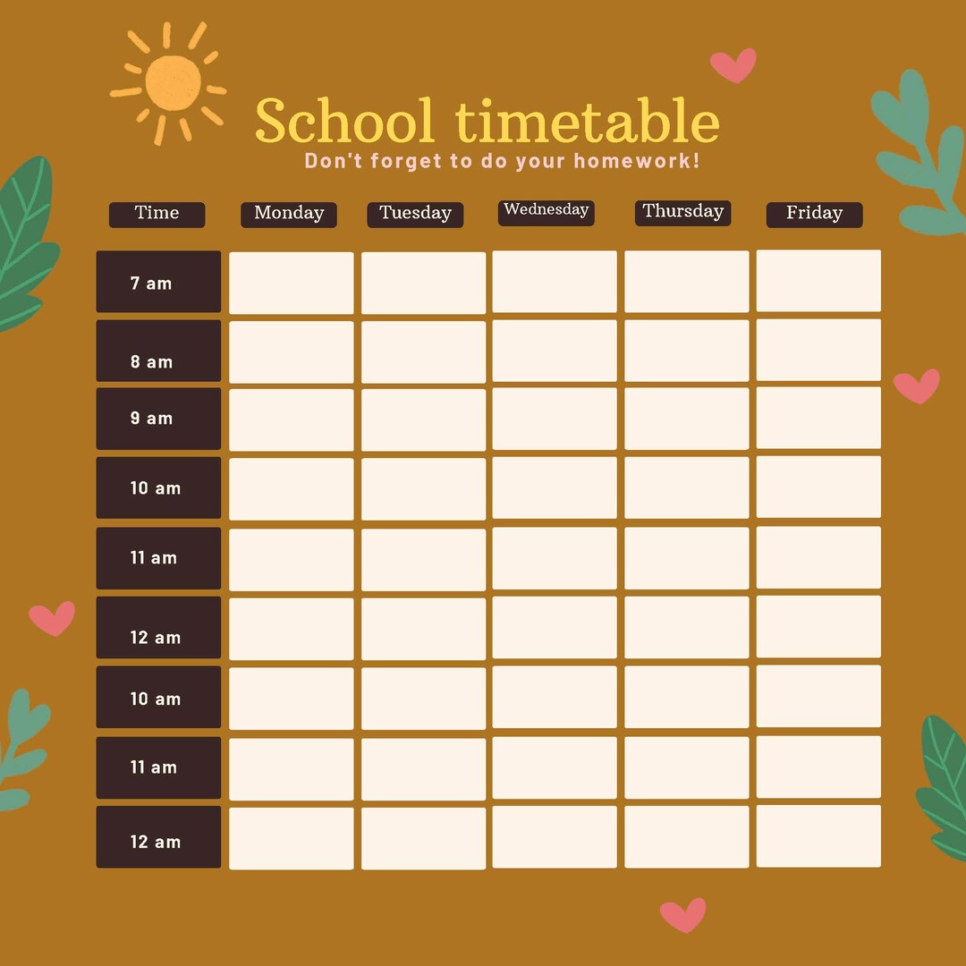 Brown Cute School Schedule Planner Template Weekly Timetable - Etsy