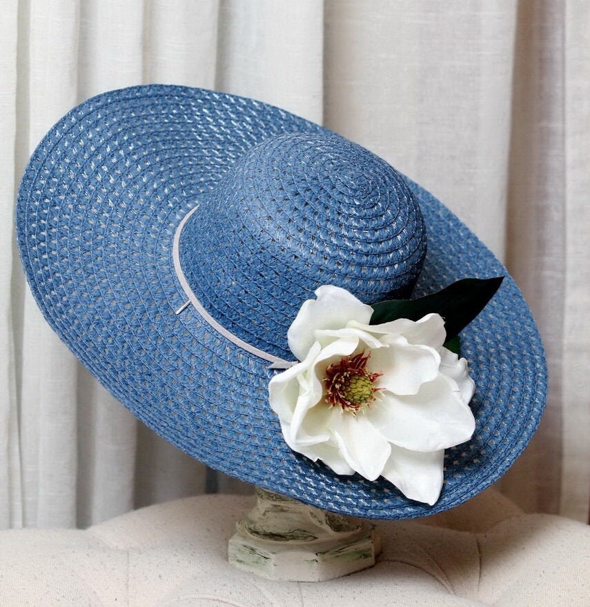 Church Hat,Derby Hat, Wide Brim Hat, Fashion, Blue Floppy Hat, Magnolia Flower, Beachwear, Straw Hat, Fancy Hat, Unique,Summer Hat, Wedding
