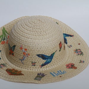Summer Hat,Sun Hat,Wide Brim Hat,Decoupaged,Fashion,Beachwear,Picnic,Straw Hat,Fancy Hat,Unique, Photo Session Accessory