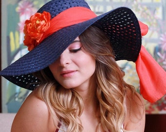 Summer Straw Hat, Wide Brim Hat, Fashion, Floppy Hat, Sash, Beachwear, Picnic, Fancy Hat, Church Hat, Unique, Derby Fashion, Navy and Orange