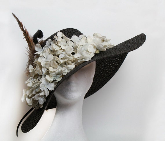 Elegant White Hat with Black Floral Accent Ivory Sinamay Kentucky Derby Fascinator: Black & White  main image 3