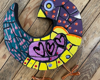 Handmade Ceramic Circle Bird - Colorful Art Tile Mosaic
