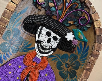 Beaded Katrina Folk Art Decor, Mexican Wooden Sculpture