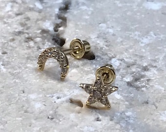 14K Solid Celestial Stud Earrings, Mismatched Star and Moon Earrings, Sun and Moon Earrings, Star Studs, Moon Earrings,