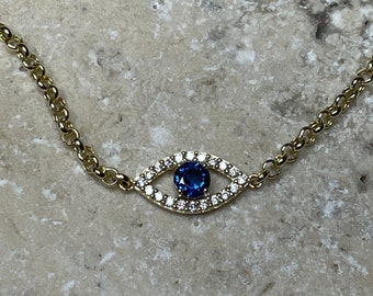14K Solid Gold Evil Eye Bracelet, Evil Eye Jewelry