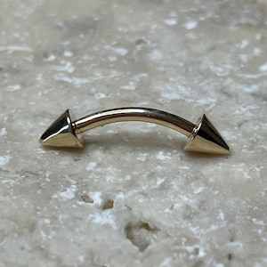 14K Solid Gold Spiked Curved Barbell, 16g, 9mm length, 4mm balls