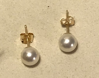 14K Solid Gold Pearl Stud Earrings, Freshwater Pearl Earrings, Solid Gold Pearl Earrings