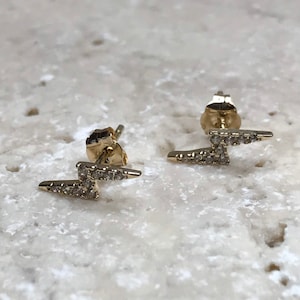 14K Solid Gold Lightening Bolt Stud Earrings, CZ Lightning Bolt Stud Earrings