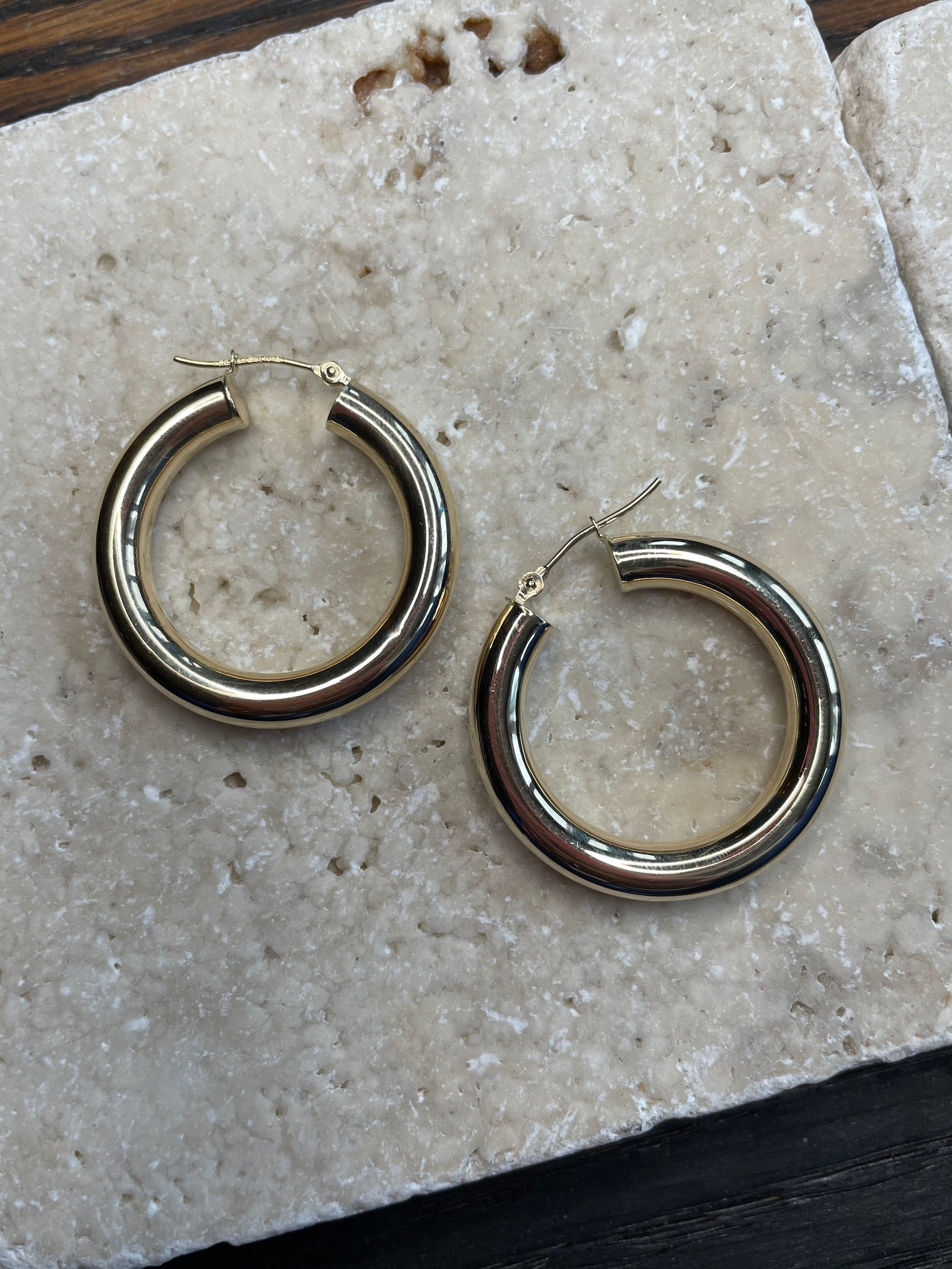 14K Solid Gold Chunky Hoop Earrings Thick Gold Hoops Fat Etsy