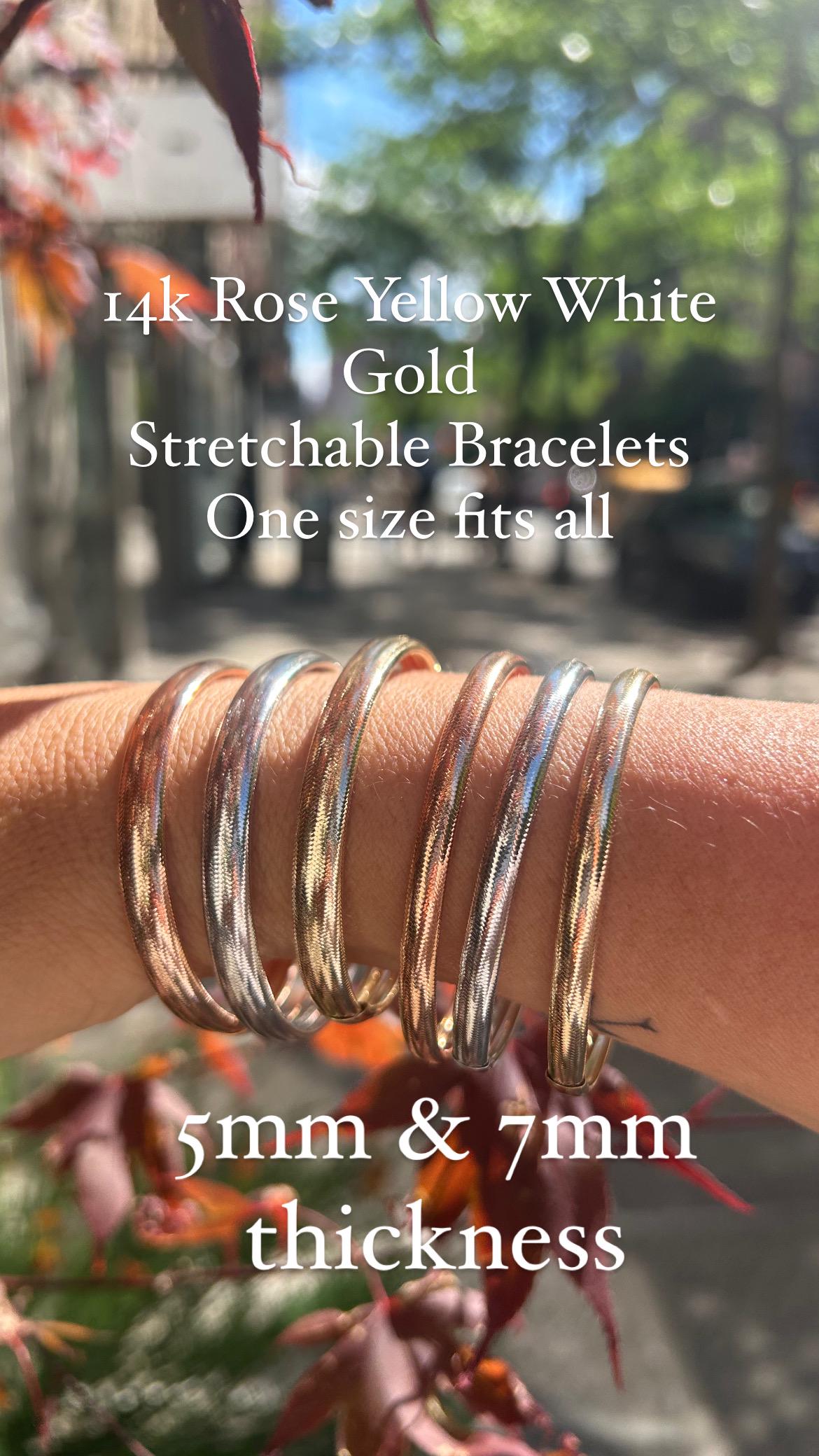 14K Solid Yellow Rose White Gold Stretch Mesh Bracelet Cuff 5mm 7mm Unisex One Size Fits All