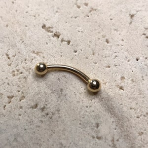 14K Solid Gold Curved Barbell, 16g, 9mm length, 3mm balls