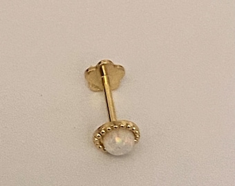 14K Solid Gelb Gold Perle Edelstein Piercing, Schraube zurück Stern, winzige 16g Schneeflocke Piercing, Gewinde Post, handgefertigter Schmuck