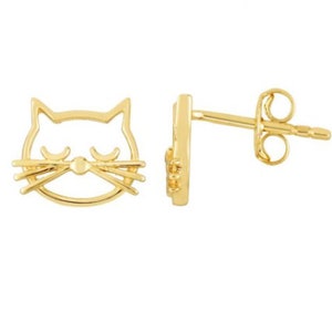 14K Solid Yellow Gold Cat Studs, Gold Cat Earrings
