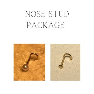 Nose Screw Stud Package: 14K Solid Gold Pearl Nose Stud, Solid Gold Bone Nose Studs