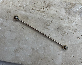 14K Solid Gold Straight Industrial  Barbell, 16g, 50mm length, 5mm balls
