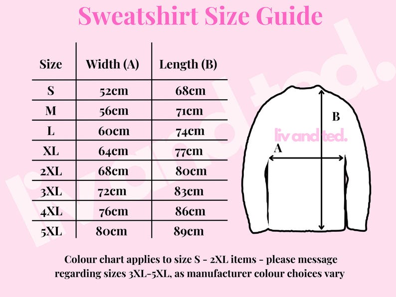 May include: A pink Sweatshirt Size Guide chart featuring a table with sizes S through 5XL, listing width and length measurements in centimeters. A line drawing of a sweatshirt shows dimensions A and B, with the text liv and ted. visible.