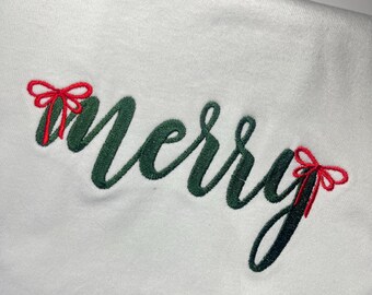 Merry Christmas Embroidered Sweatshirt Hoodie//Coquette bow jumper minimal tree cosy cute present for friend sister mum secret Santa
