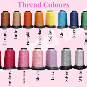 May include: A collection of seventeen spools of embroidery thread arranged in two rows against a light pink background. The spools are labeled with color names including Brown, Caramel, Latte, Pumpkin, Tangerine, Yellow, Blue, Navy, Emerald, Forest, Red, Raspberry, Bubblegum, Blush, Lilac, Silver, White, and Black.