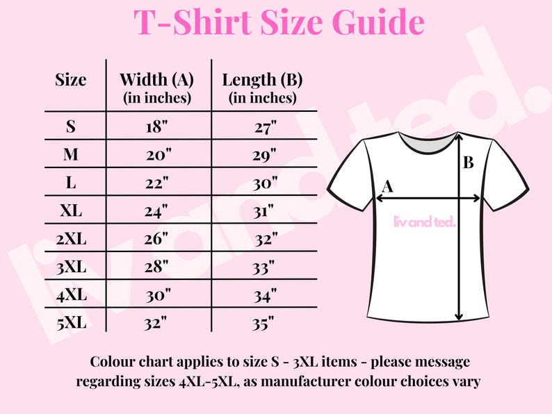 May include: A T-Shirt Size Guide chart with a light pink background. It features a table listing sizes S through 5XL with corresponding width and length measurements in inches, alongside a line drawing of a t-shirt labeled with A and B dimensions.